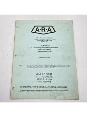 ARA Manufacturing Auto Truck AC Heater Parts Tools Distributor Price List 1984